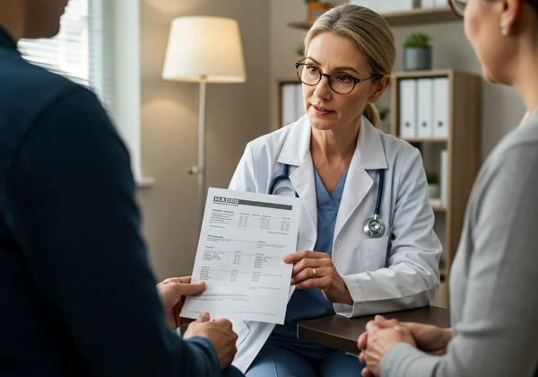 Patient discusses MADRS score with doctor in office.