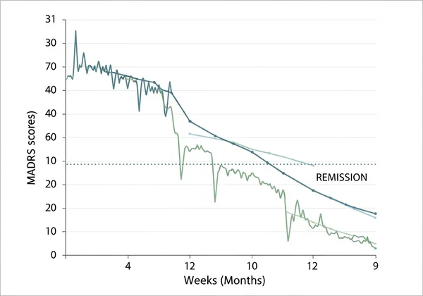 Graph showing MADRS score decline, indicating progress