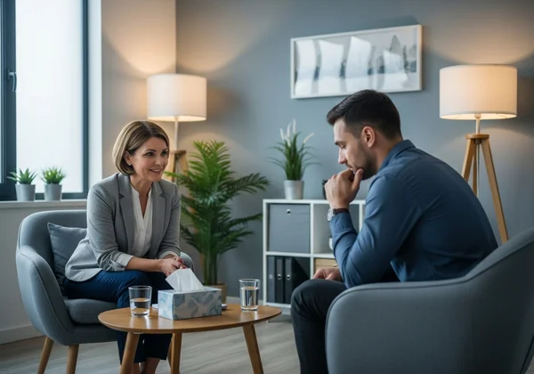 Therapist and client in a confidential consultation