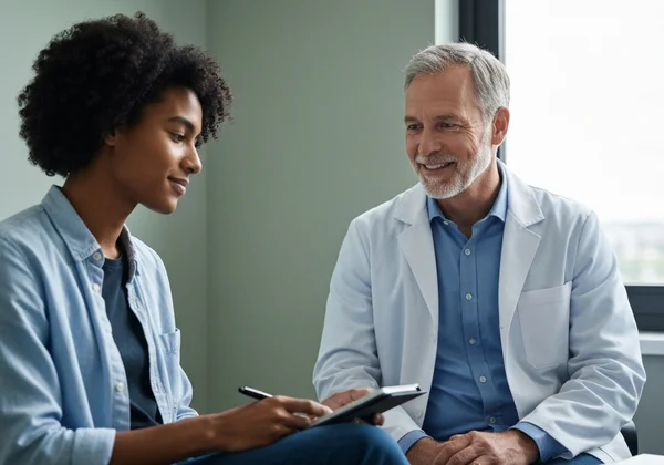 Patient calmly discussing MADRS results with a doctor