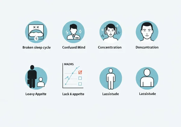 Infographic showing various symptoms of depression and MADRS
