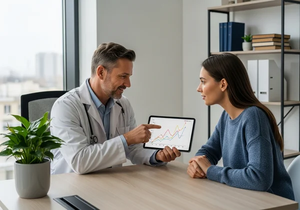 Médico y paciente discutiendo gráfico de progreso