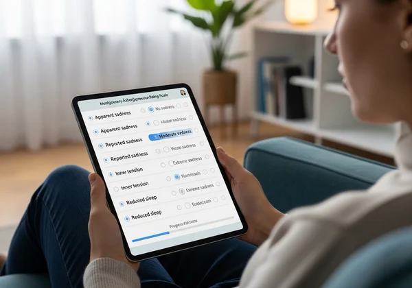 Usuario tomando una evaluación MADRS en línea en una tableta