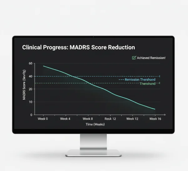 Line graph showing MADRS scores decreasing over time